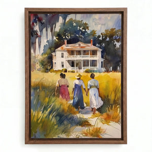 Lowcountry watercolor in a walnut floating frame, Black women in period dresses near a white house under Spanish moss
