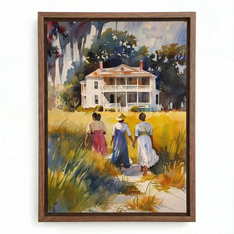 Lowcountry watercolor in a walnut floating frame, Black women in period dresses near a white house under Spanish moss