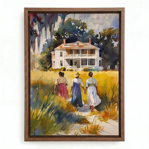 Lowcountry watercolor in a walnut floating frame, Black women in period dresses near a white house under Spanish moss