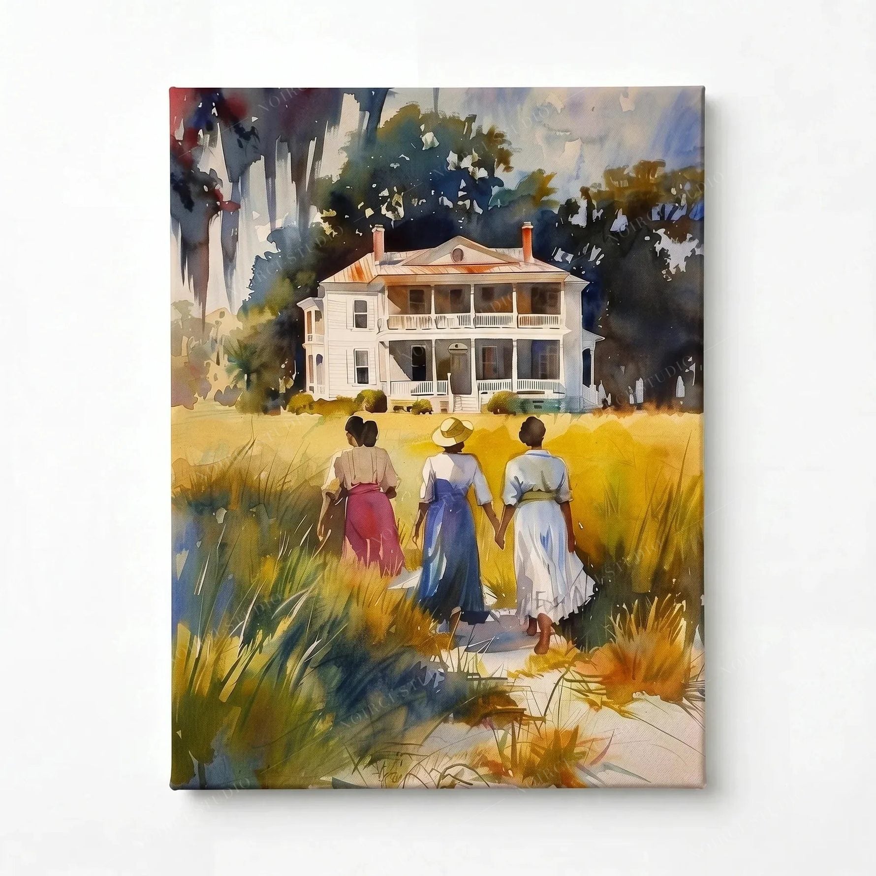 Gullah Geechee canvas art on stretched canvas, ready to hang, sweetgrass field watercolor
