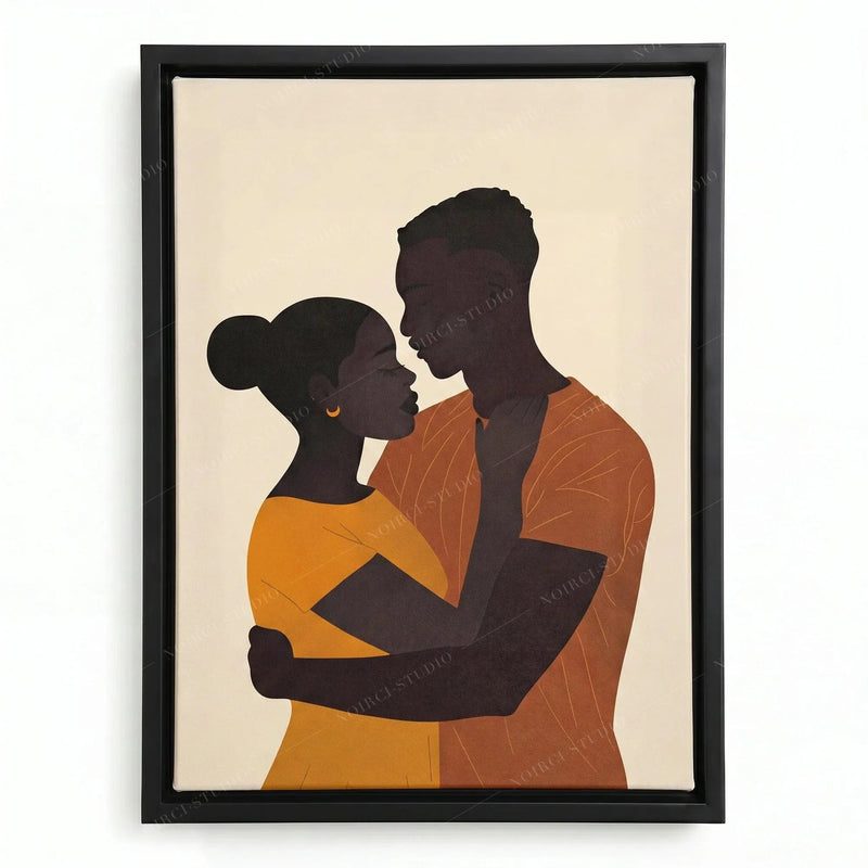 Black couple art in a black floating frame, woman in a mustard dress embracing a man in a rust shirt