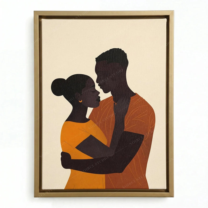 Romantic black love art in a gold floating frame, man holding a woman with a gold hoop earring, flat digital painting