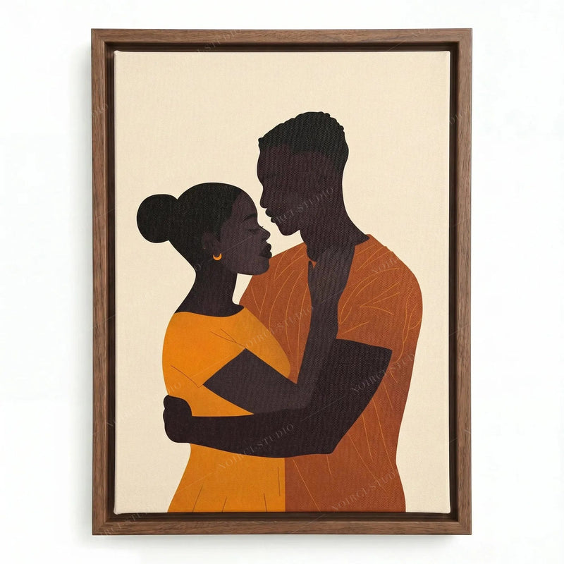 Black love wall art in a walnut floating frame, minimalist couple face to face in mustard and burnt orange