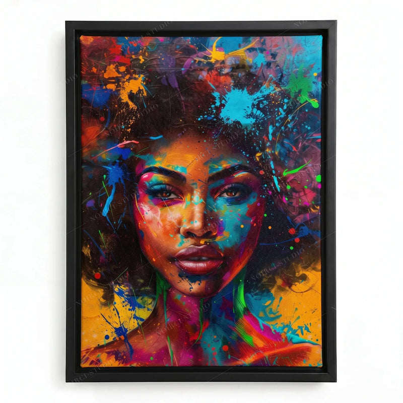 Afrofuturist art in a black floating frame, Black woman portrait with a paint-splash afro in turquoise, magenta and orange