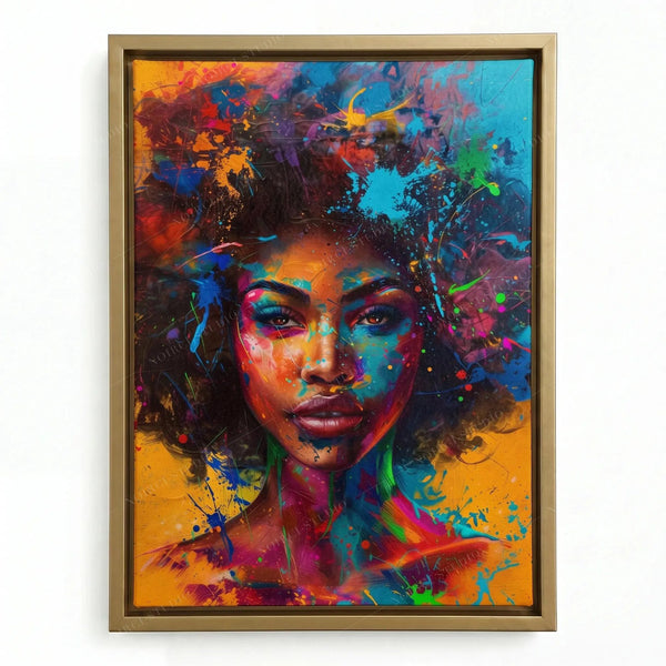 Black surrealism portrait in a gold floating frame, woman with a neon splash afro and teal eye makeup