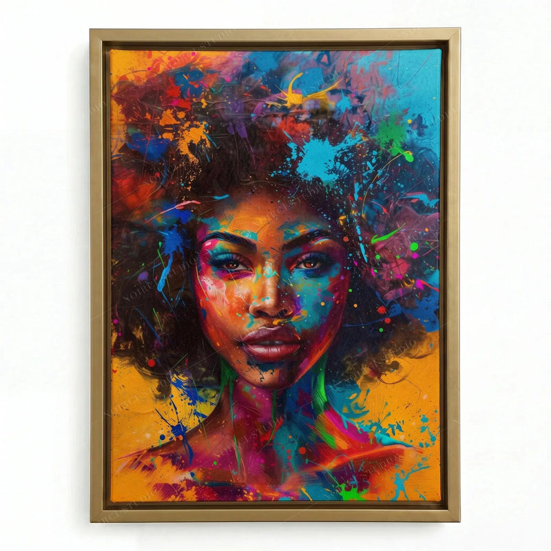Black surrealism portrait in a gold floating frame, woman with a neon splash afro and teal eye makeup