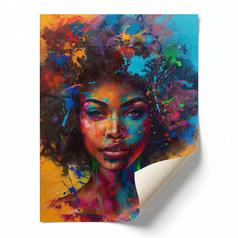 Rolled canvas print of a neon splash-paint Black woman portrait, ready for custom framing
