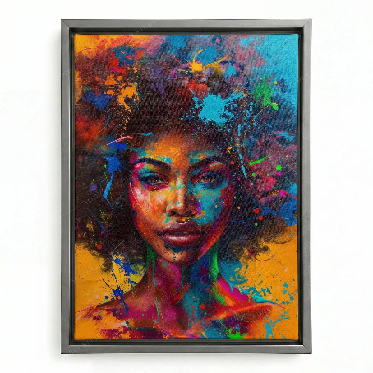 Afrofuturism painting in a silver floating frame, Black woman with an explosive multicolor afro in blues and pinks