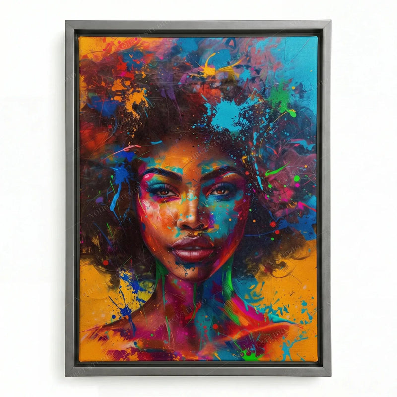 Afrofuturism painting in a silver floating frame, Black woman with an explosive multicolor afro in blues and pinks