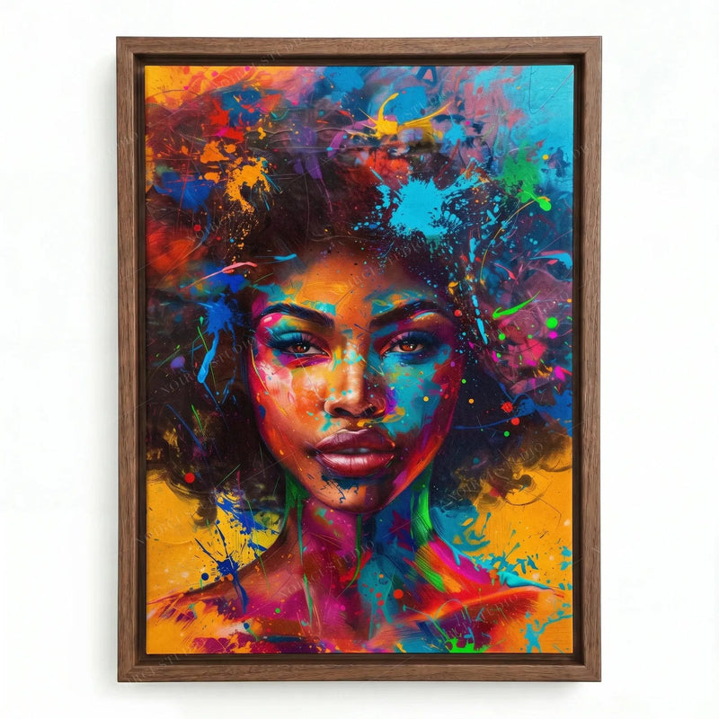 Afrofuturism artwork in a walnut floating frame, Black woman with a splatter-paint afro against a marigold background