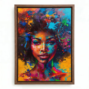 Afrofuturism artwork in a walnut floating frame, Black woman with a splatter-paint afro against a marigold background