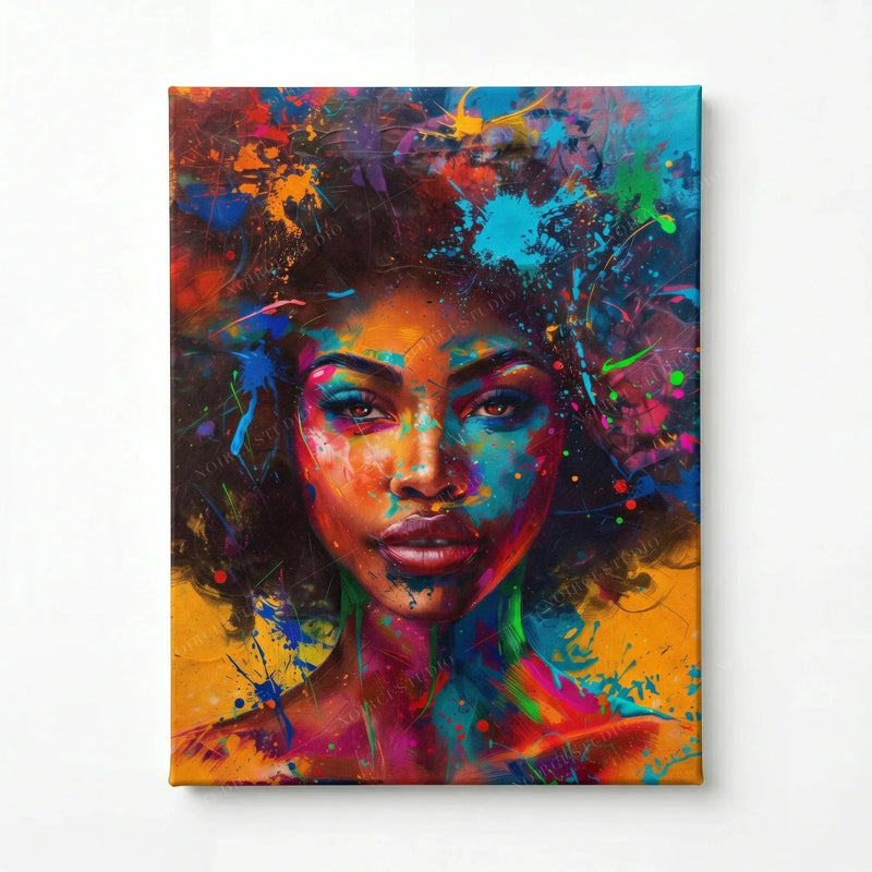 Stretched canvas, ready to hang, splash-paint portrait of a Black woman with a neon multicolor afro