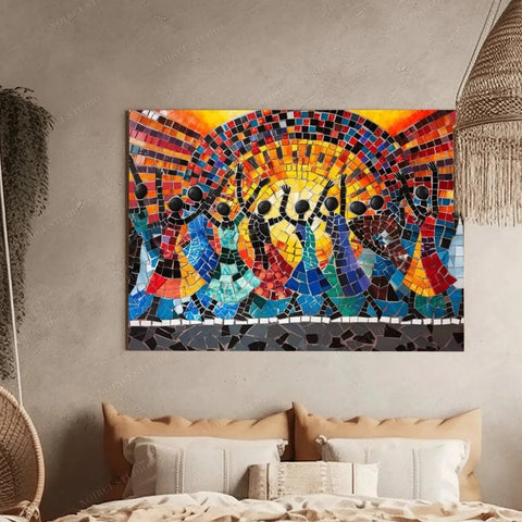African tribal art mosaic of dancers lifting arms to a golden sun, above a cream boho bed with a woven chandelier