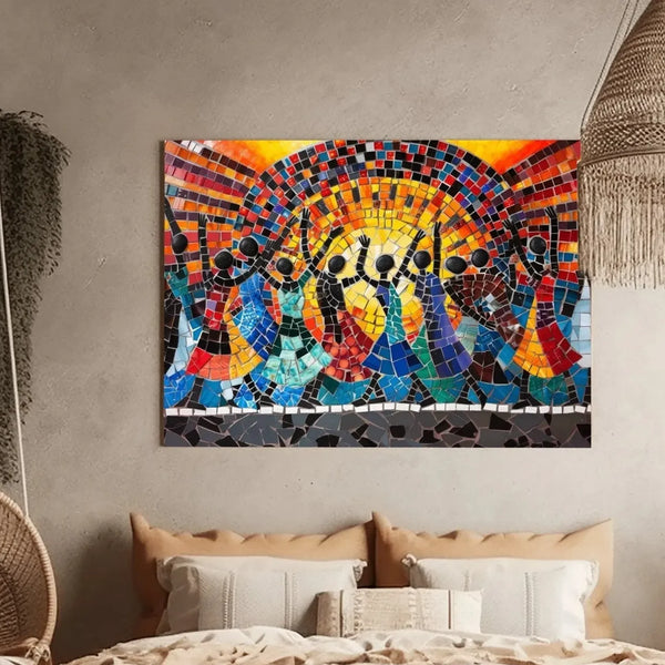 African tribal art mosaic of dancers lifting arms to a golden sun, above a cream boho bed with a woven chandelier