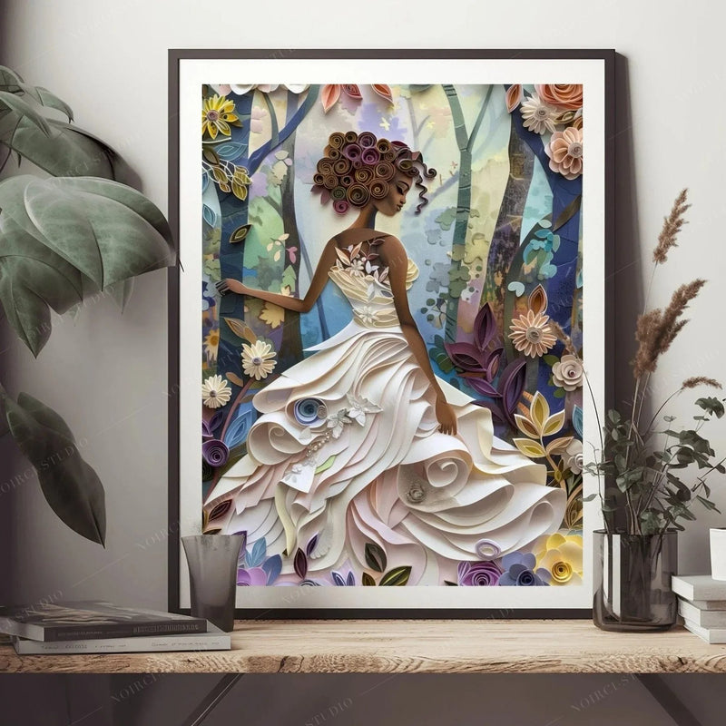 Framed quilled Black girl print leaning on a wood desk with books and plants, detail view