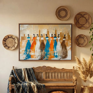 Boho entryway art, walnut framed African women canvas above a carved bench with mudcloth throws and woven baskets