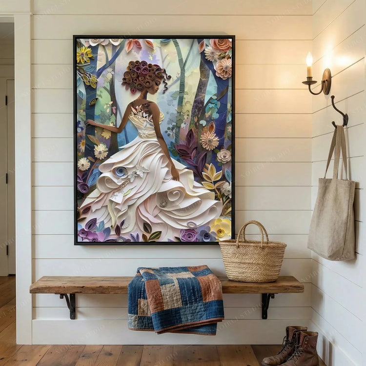 Afrohemian decor, paper-quilled Black girl in a ruffled white gown, framed above a farmhouse entryway bench