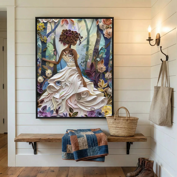 Afrohemian decor, paper-quilled Black girl in a ruffled white gown, framed above a farmhouse entryway bench