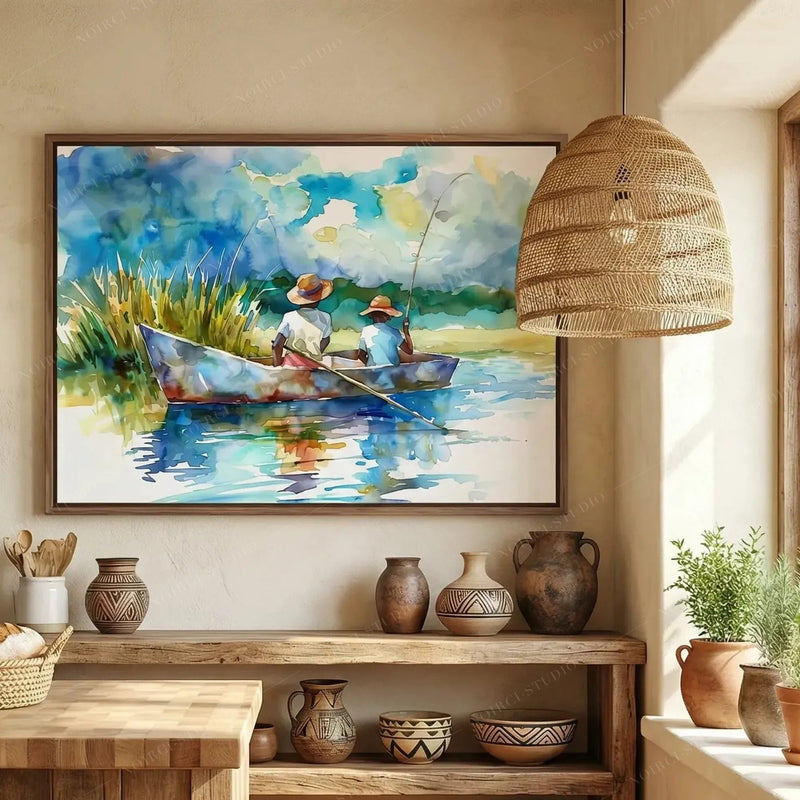 Black kitchen wall art, creek fishing watercolor above a blue Spanish tile backsplash and a wood farmhouse island