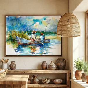 Black kitchen wall art, creek fishing watercolor above a blue Spanish tile backsplash and a wood farmhouse island
