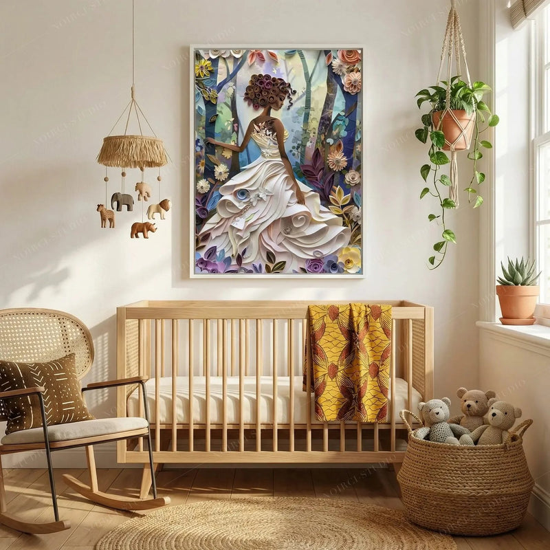 Black art for nursery walls, quilled girl print above a light wood crib with hanging plants and a rocking chair