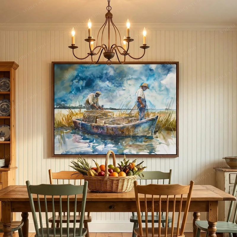 African American art for the dining room, marsh watercolor above a farmhouse table with green Windsor chairs