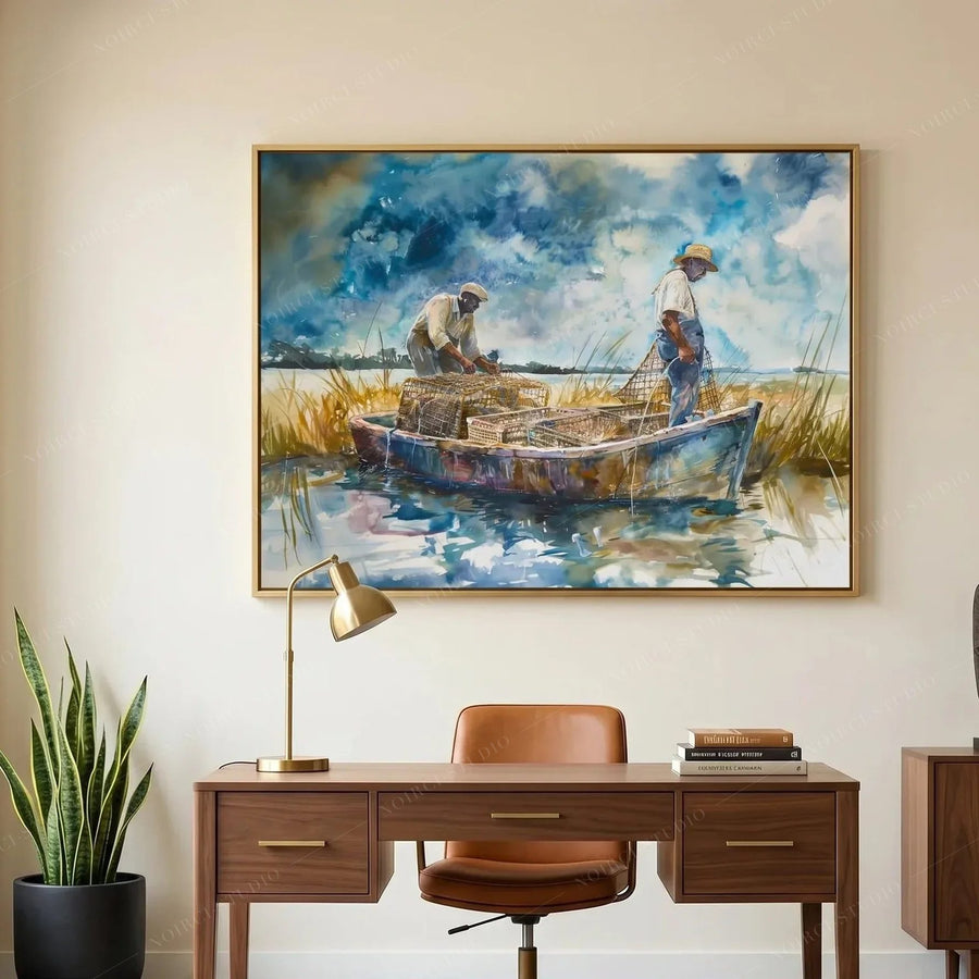 African American art for a home office, crab fishing watercolor above a walnut desk with a brass lamp