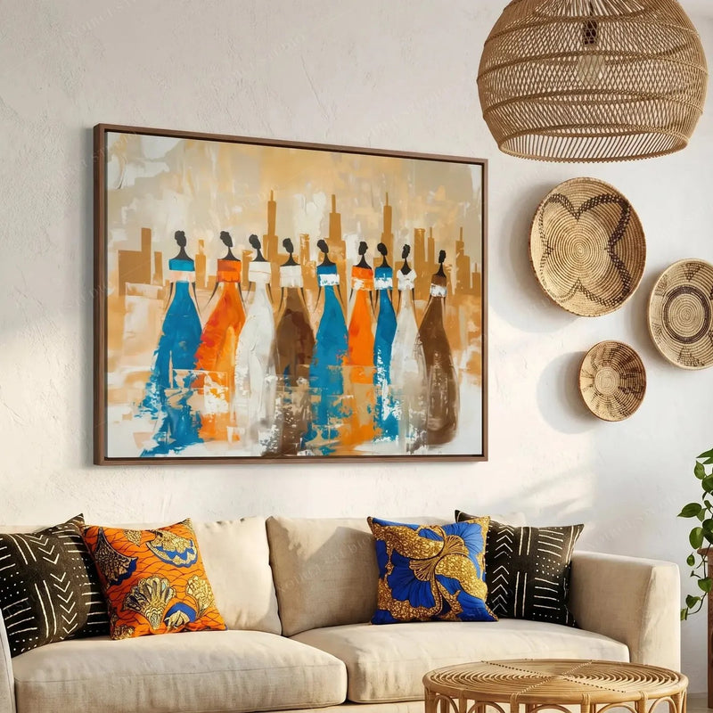 Ancestors African village wall art for a living room, framed nine tribal women above a cream sofa with mudcloth pillows and woven decor