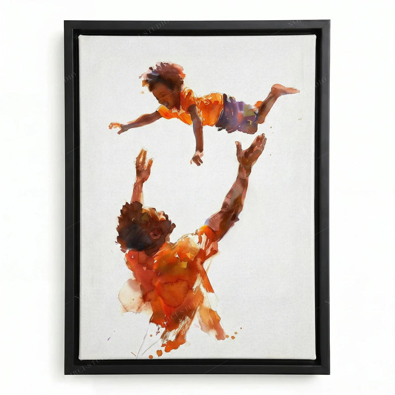 Black family painting in a black floating frame, watercolor father tossing his laughing son in warm orange