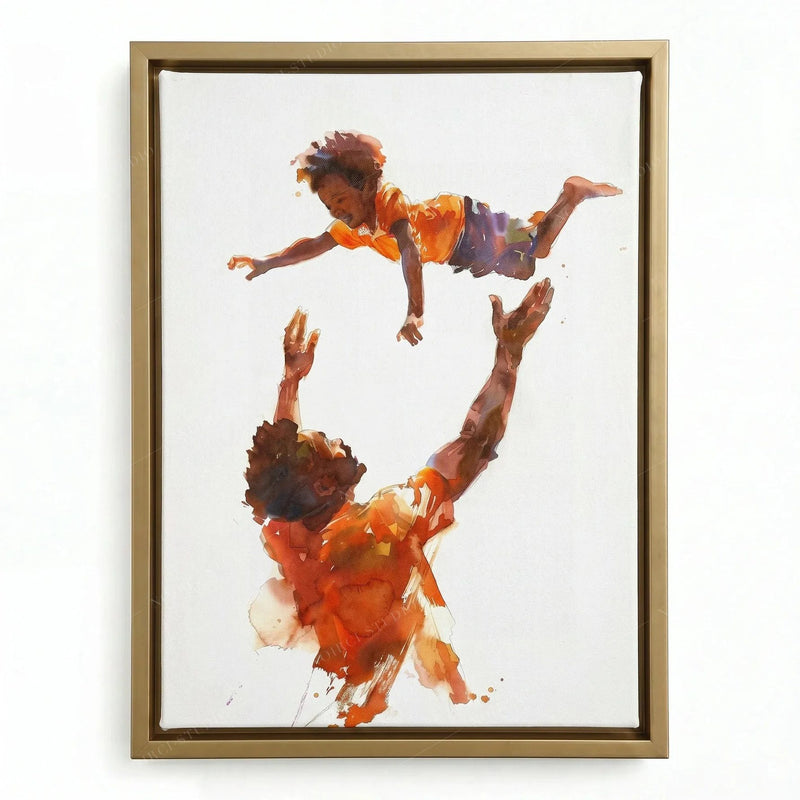African American family art in a gold floating frame, orange watercolor of a dad tossing his little boy in the air