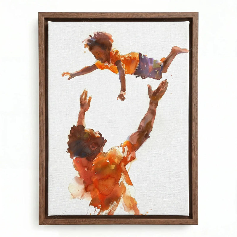 Black family wall art in a walnut floating frame, close-up of a father lifting his son skyward in loose watercolor