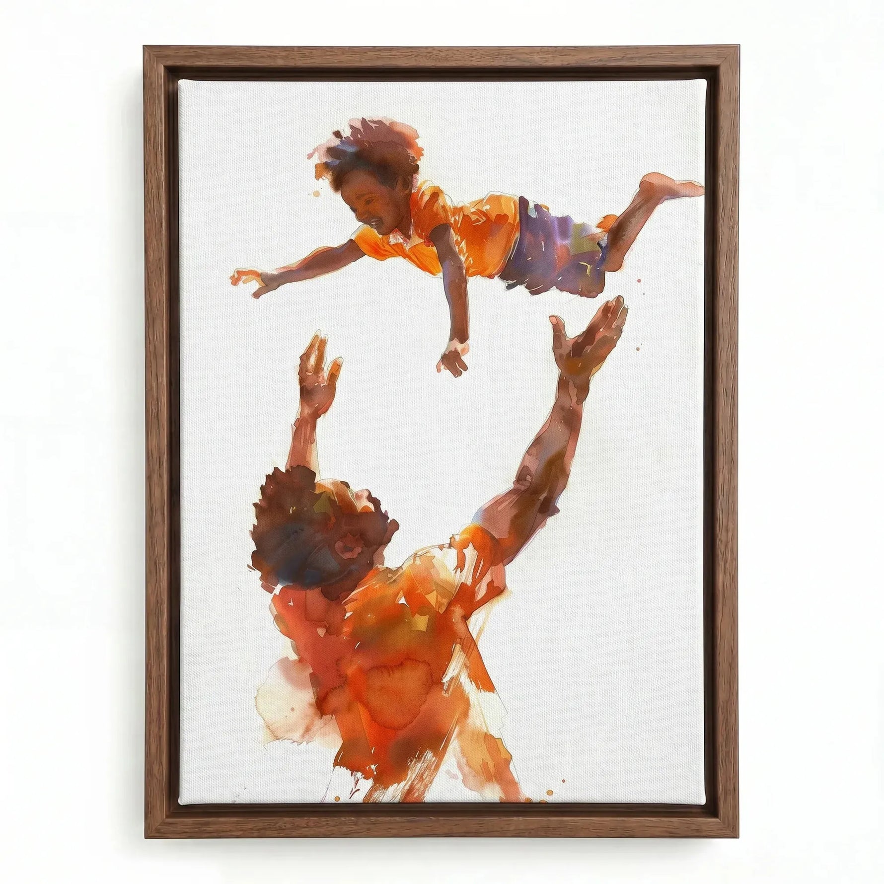 Black family wall art in a walnut floating frame, close-up of a father lifting his son skyward in loose watercolor