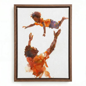 Black family wall art in a walnut floating frame, close-up of a father lifting his son skyward in loose watercolor
