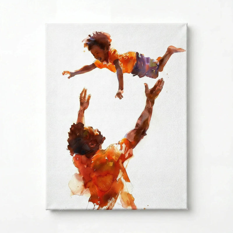 Stretched canvas of the father tossing his son, ready to hang, boy flying above his dad's open arms