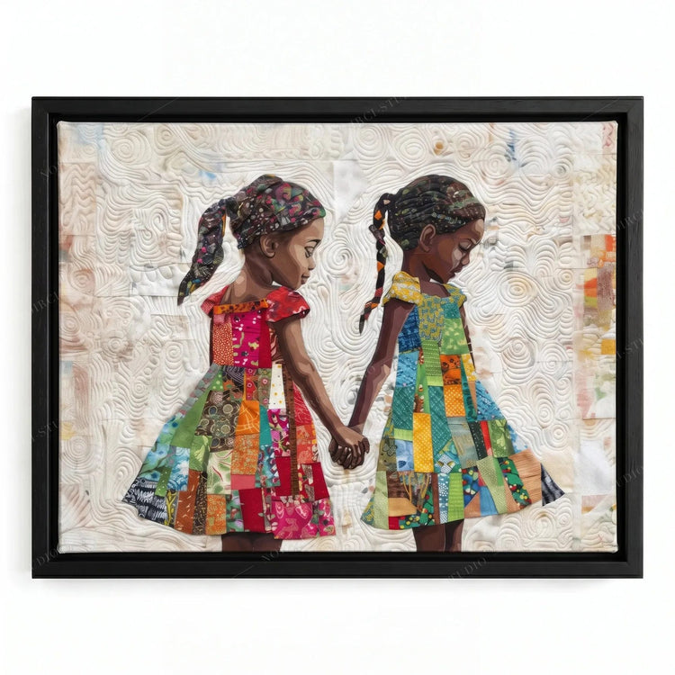 Black girl sisters wall art in a black floating frame, two girls in patchwork quilt dresses holding hands