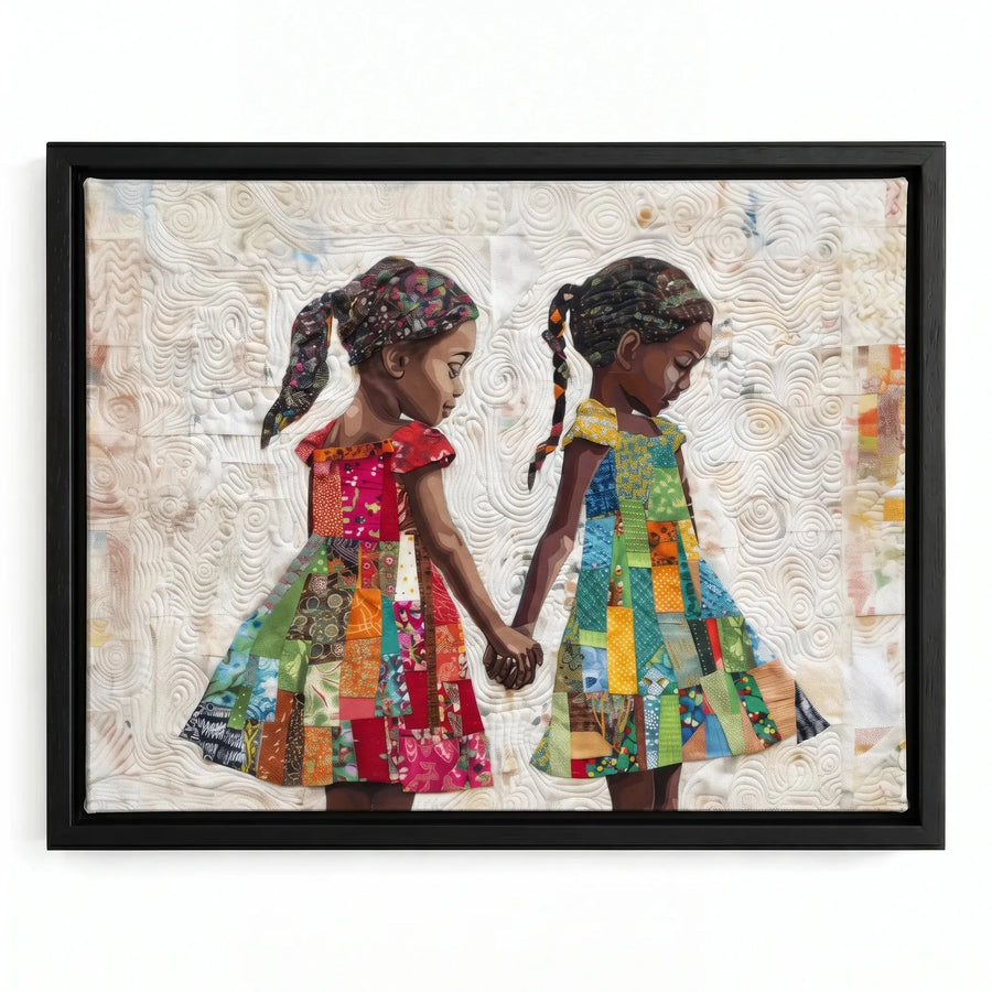 Black girl sisters wall art in a black floating frame, two girls in patchwork quilt dresses holding hands