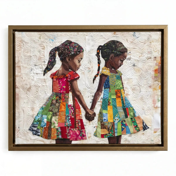 Black sisterhood art in a gold floating frame, girls in red and green patchwork dresses on a swirled cream background