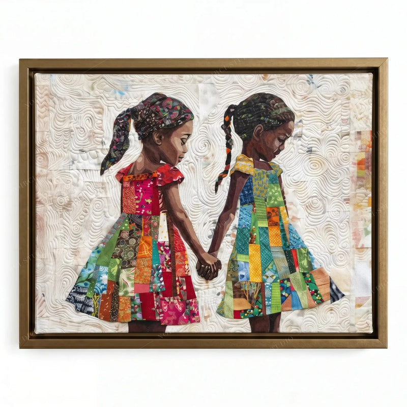 Black sisterhood art in a gold floating frame, girls in red and green patchwork dresses on a swirled cream background