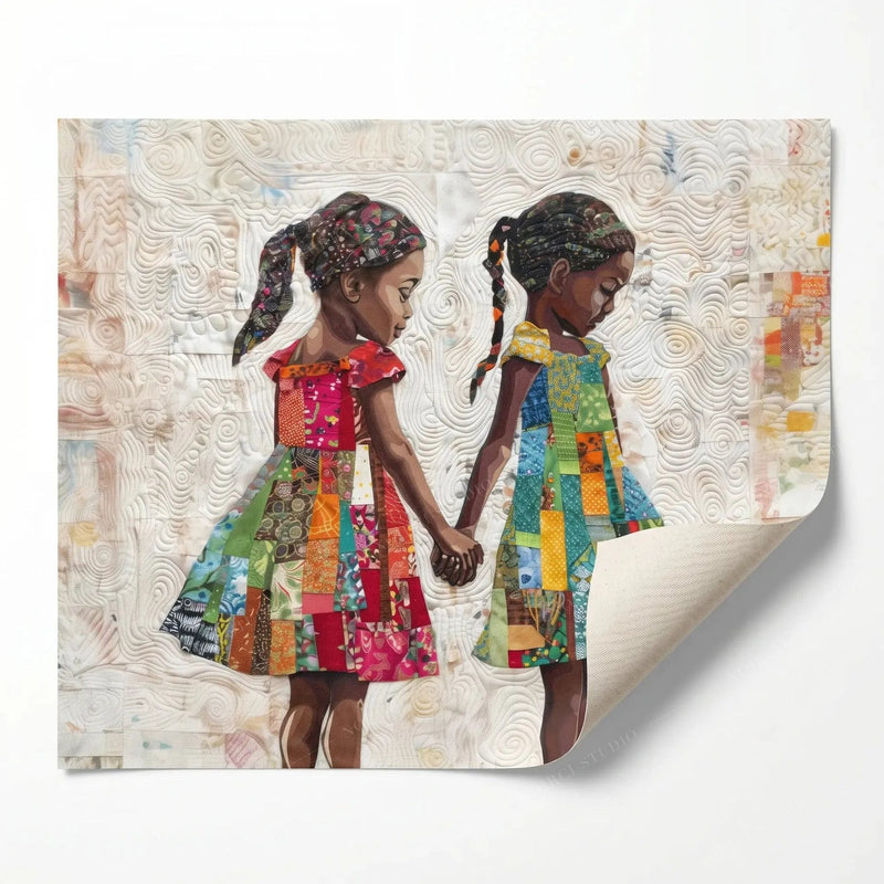 Rolled canvas print with a curled corner, quilt-style painting of two Black sisters, ready for custom framing