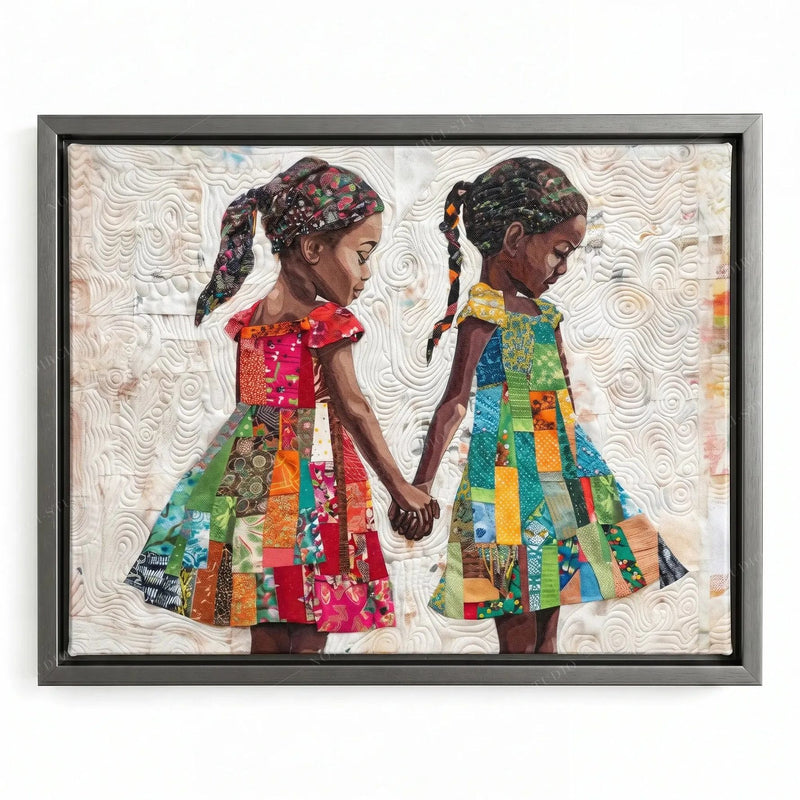 Black boho wall decor in a silver floating frame, two young sisters in quilt-block dresses, textile art style