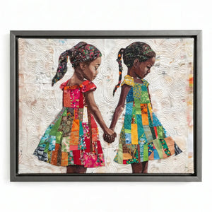 Black boho wall decor in a silver floating frame, two young sisters in quilt-block dresses, textile art style