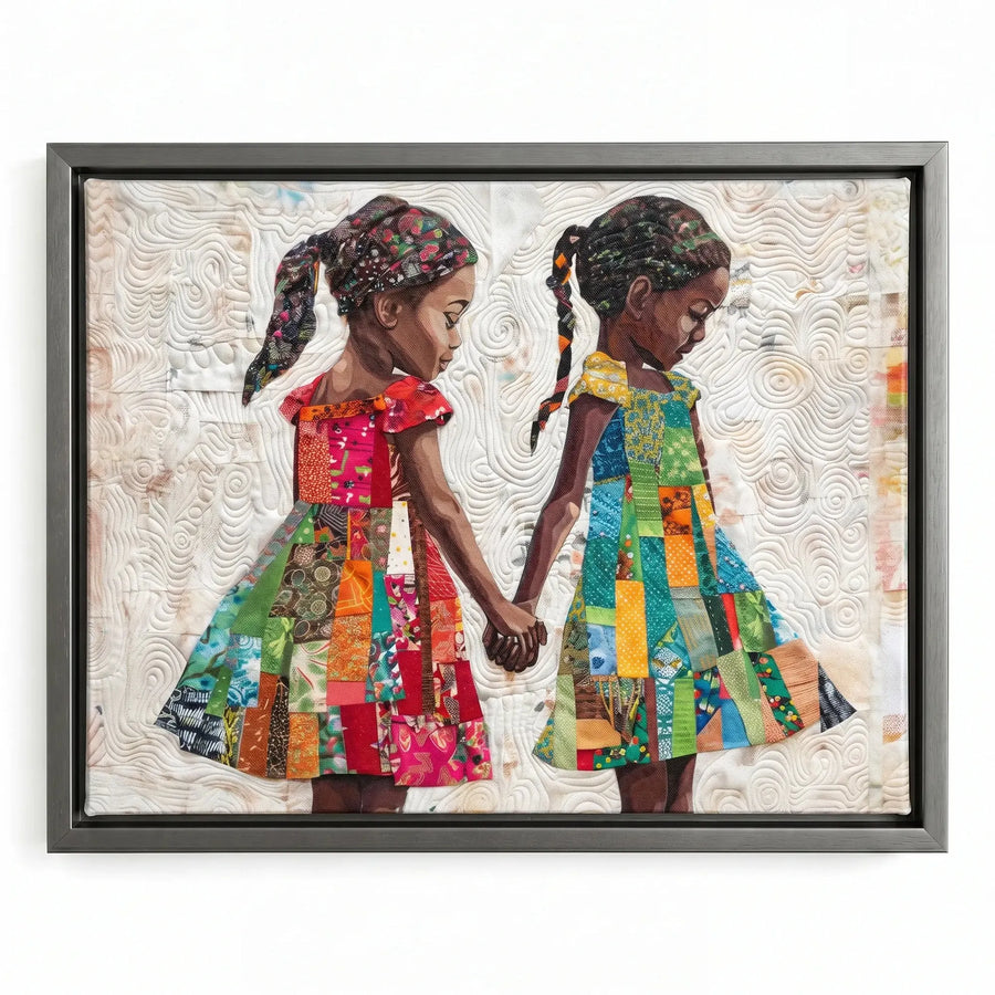 Black boho wall decor in a silver floating frame, two young sisters in quilt-block dresses, textile art style