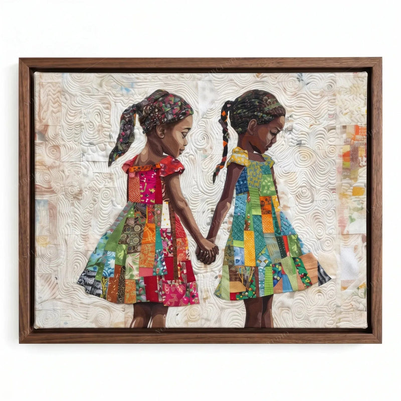 Afro bohemian wall decor in a walnut floating frame, quilted portrait of two Black sisters in colorful scrap-fabric dresses