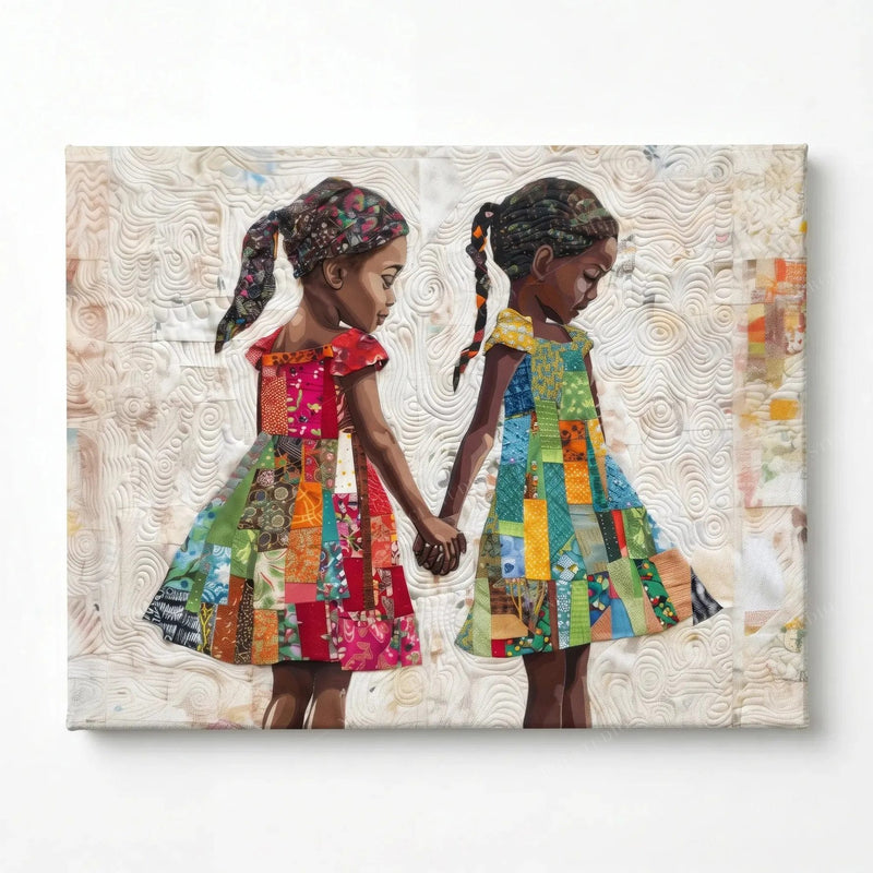 Stretched canvas, ready to hang, two Black girls holding hands in colorful patchwork dresses