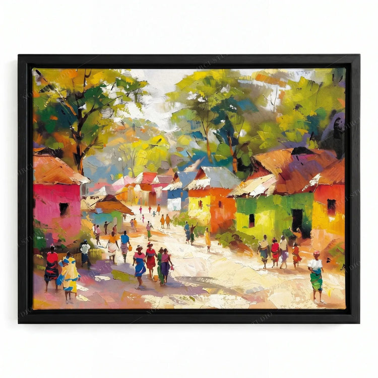 African village art in a black floating frame, impressionist scene of pink and orange houses along a dirt road