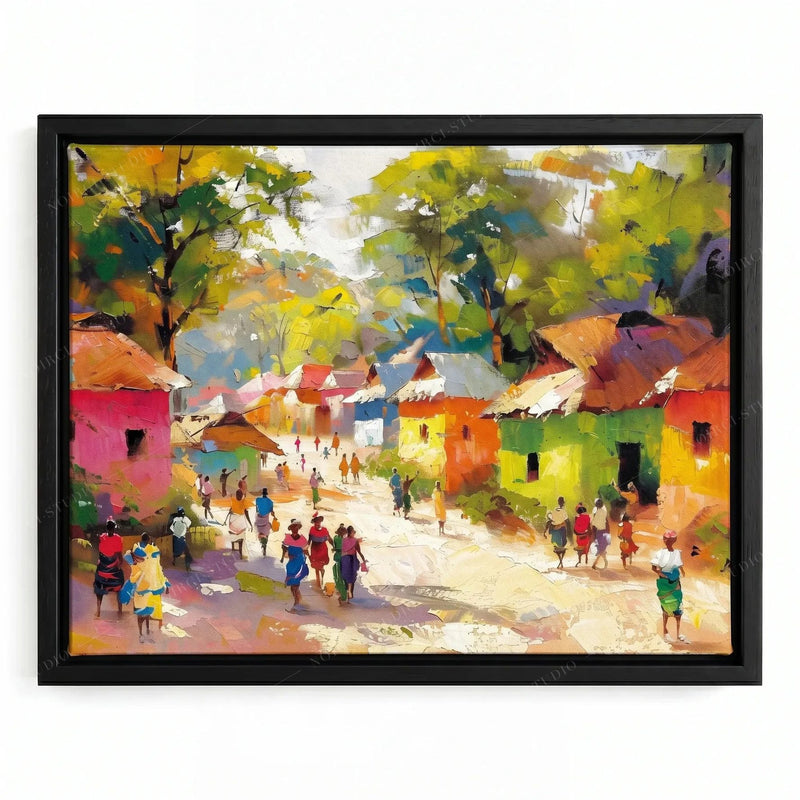 African village art in a black floating frame, impressionist scene of pink and orange houses along a dirt road