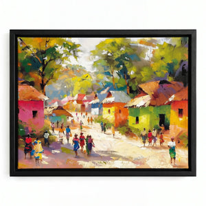 African village art in a black floating frame, impressionist scene of pink and orange houses along a dirt road
