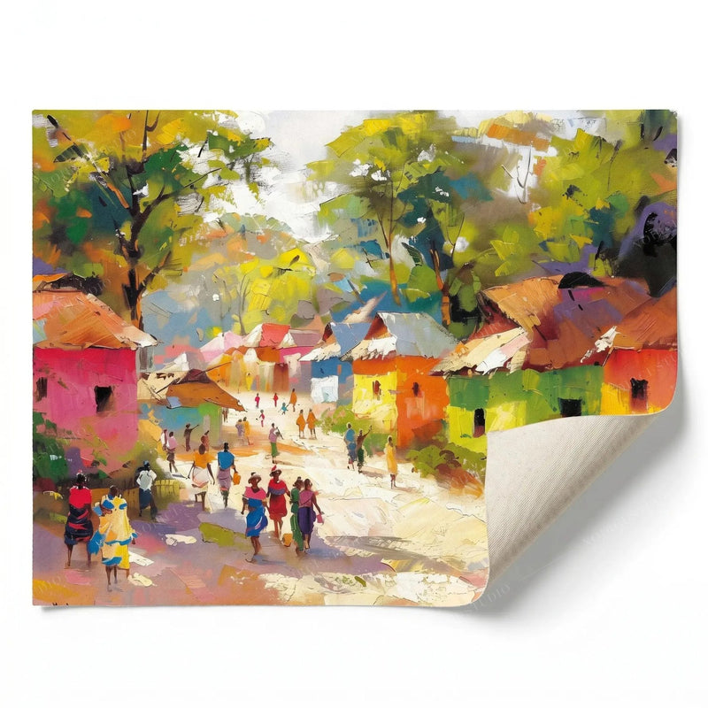 Rolled canvas print of a colorful African village scene, ready for custom framing