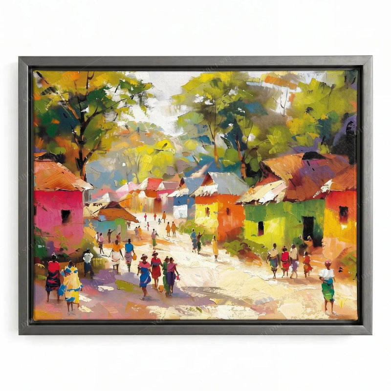 African art canvas print in a silver floating frame, painterly village lane busy with figures carrying baskets