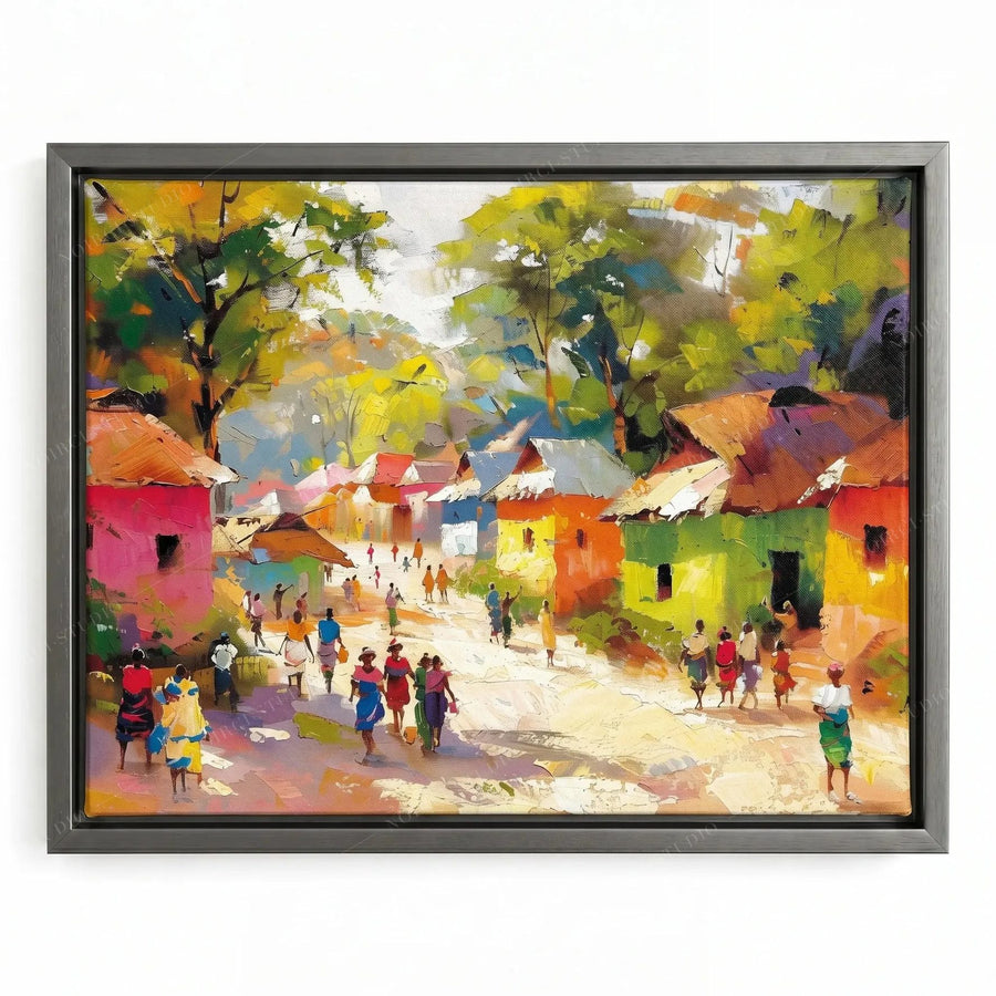 African art canvas print in a silver floating frame, painterly village lane busy with figures carrying baskets